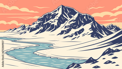 Illustration of a snowy mountain range with a winding river under a pastel colored sky at daytime