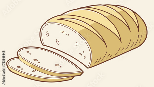 Loaf of bread with two slices cut off showing the crumb texture and crust color on a light background