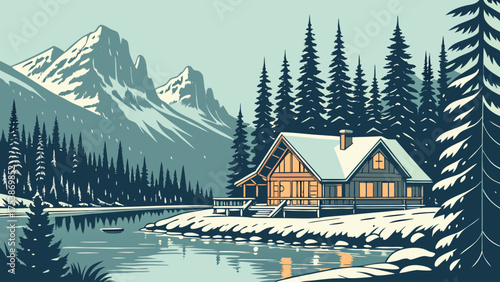 A winter cabin nestled by a serene lake surrounded by tall pine trees and snow capped mountains view