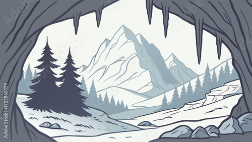 View of mountain range and forest from inside a cave with icicles hanging down from the cave roof