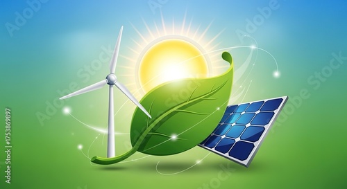 Radiant Sun Unites Wind, Solar, and Nature for a Sustainable Green Future.
