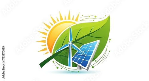 Eco-Friendly Energy Concept - Sun, Leaf, Wind Turbine, Solar Panel, Clean Power, Green Future.