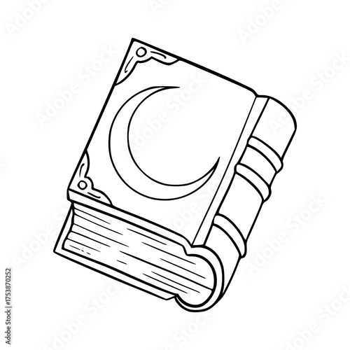 cartoon magical book outline with crescent moon symbol