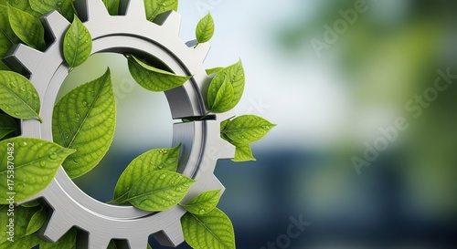 Sustainable Industrial Gear Intertwined with Vibrant Green Leaves, Symbolizing Eco-Friendly Innovation.