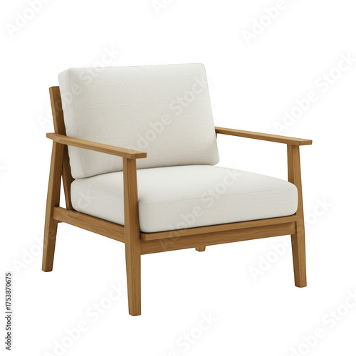 Modern wooden armchair with white cushions isolated on transparent background