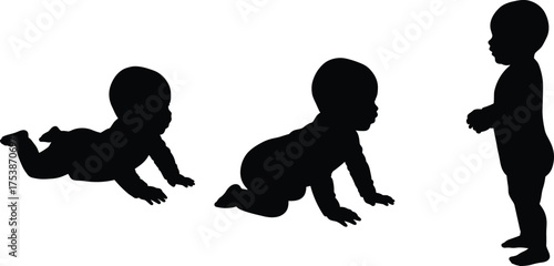 Baby movement silhouette, crawling to standing, black vector illustration, child development stages, early growth, motor skills, physical progress, toddler milestone concept