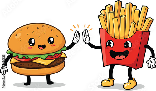 Cute burger and fries cartoon illustration, funny fast food friends, adorable kawaii characters, happy meal vector art, smiling junk food design
