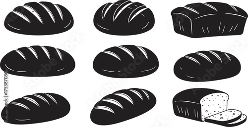  Black bread loaf vector illustration, fresh bakery silhouette collection, sliced bread icon set, handmade baking design elements for logo and packaging