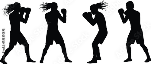Boxing athlete silhouette set, fighter poses vector, punching stances illustration, sports combat training, dynamic athlete, black figures, stock content graphic
