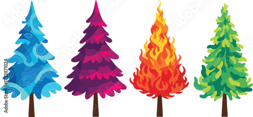 Colorful seasonal trees, abstract trees representing four seasons