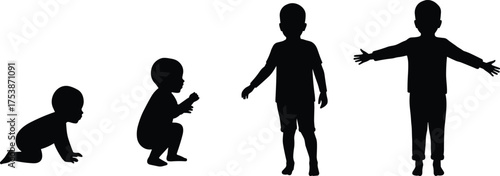  Child growth silhouette vector, baby to toddler development, crawling to standing poses, black icons for parenting, education, childhood stages, medical concept