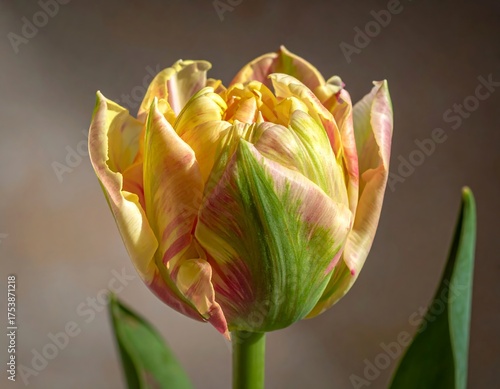 A close-up of a vibrant tulip in full bloom with colorful petals