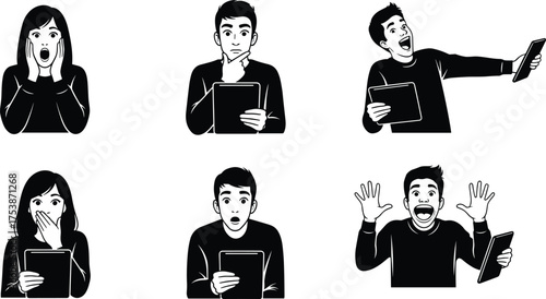 Different style people showing emotions with digital tablet, shocked man, surprised woman, happy expression, technology reaction concept, vector illustration design