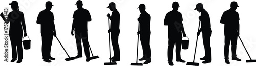  Cleaning worker silhouette set, janitor people with mop and bucket, black and white cleaner illustration, maintenance staff vector design for hygiene and service industry