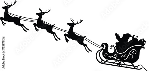  Christmas sleigh silhouette vector illustration, flying reindeer pulling Santa sleigh, festive holiday winter scene, black Christmas design element for greeting cards and decor