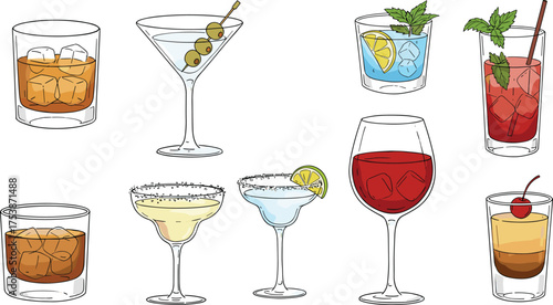  Colorful cocktail drinks vector set, hand drawn alcohol glass illustration, martini margarita whiskey wine and mojito collection, bar beverage design elements