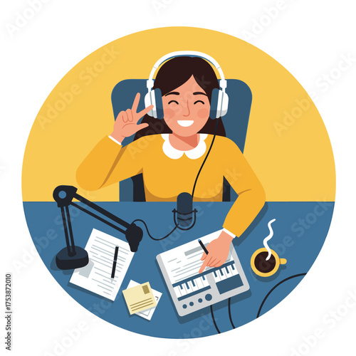 Happy female podcaster with keyboard peace sign and coffee