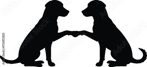  Dog silhouette vector, Labrador retrievers sitting, mirrored pet pose, touching paws illustration, animal friendship concept, black and white artwork, canine symmetry