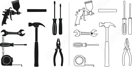 Hand tools collection, wrench, hammer, screwdriver, pliers, measuring tape, airbrush gun, vector silhouette illustration, black and white, workshop equipment