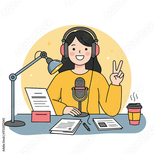 Cheerful female podcaster with desk lamp peace sign and coffee