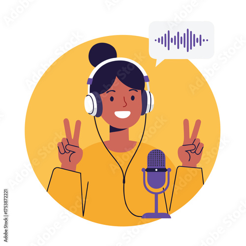 Engaging female podcaster with earbuds and peace signs