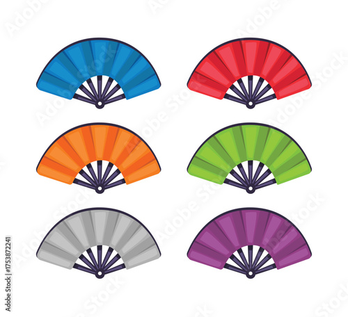 Hand fan vector illustration, handheld fan icon set, colorful folding fan, traditional fan image, isolated on white background
