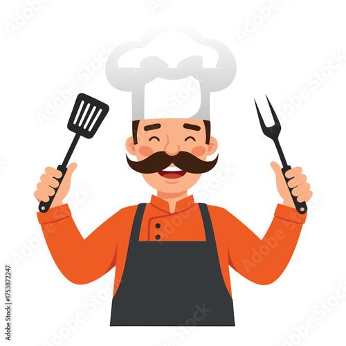 Cheerful chef with mustache holding spatula and meat fork