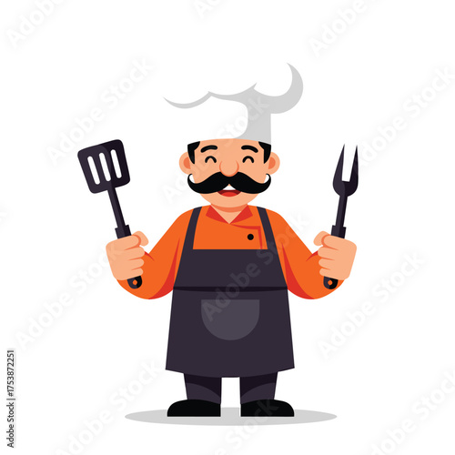 Friendly chef with mustache holding spatula and meat fork