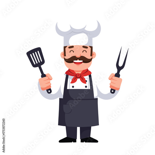 Stylish chef with red scarf spatula and meat fork