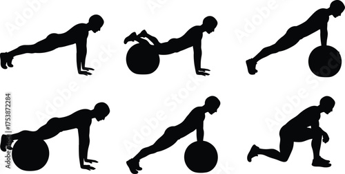 Exercise ball workout silhouette set, core training poses, fitness stability ball exercises, body balance, gym routine, vector illustration for stock content