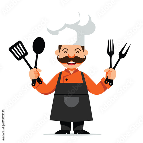 Expert chef holding various cooking tools: spatula spoon forks