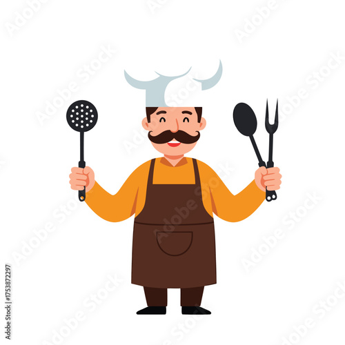 Friendly chef with brown apron holding spatula and meat fork