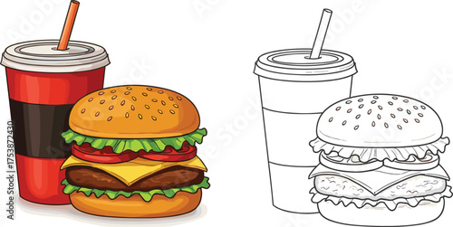  Fast food burger and drink illustration, colorful and outline version, vector design for restaurant, meal, junk food, and beverage concept