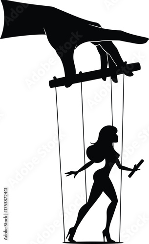  Female puppet manipulated by giant hand, marionette control bar and strings, silhouette of woman in heels holding phone, themes of manipulation