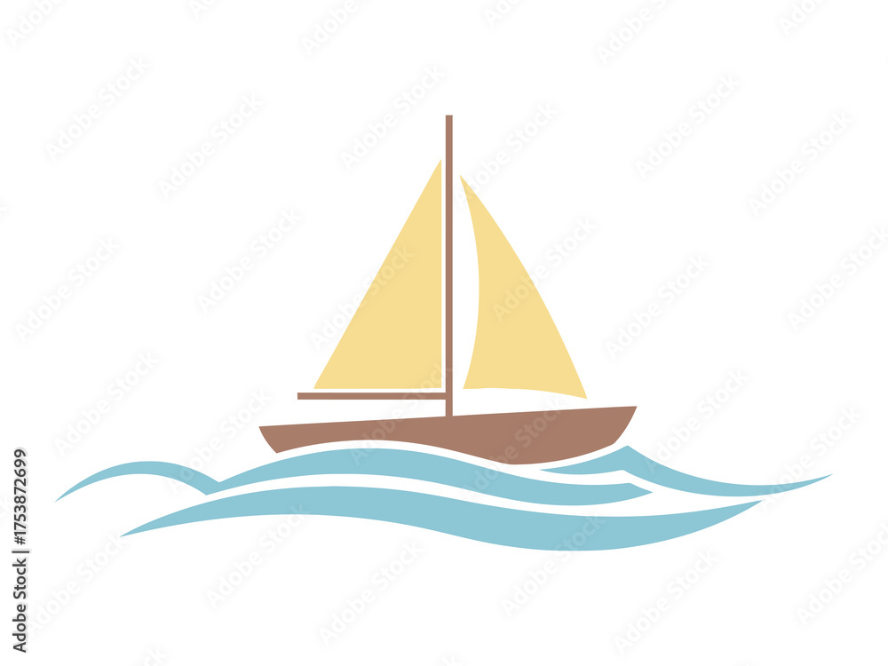 Fototapeta premium Stylized Sailboat Sailing on Gentle Waves with Beige Sail and Brown Hull.
