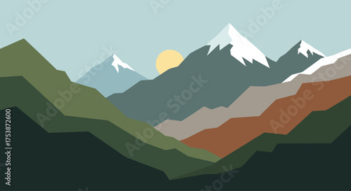 Geometric Mountain Range Landscape with SnowCapped Peaks and Rising Sun.