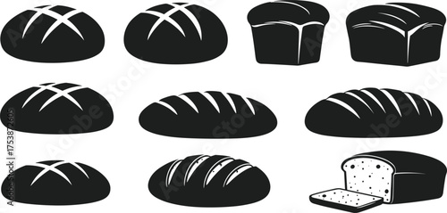 Fresh bakery bread silhouette collection, black loaf and bun vector icons, artisan food illustration for bakery, cafe, kitchen, and restaurant design