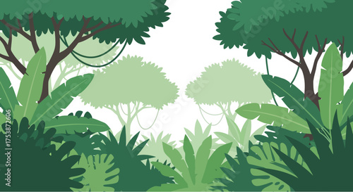 Lush Green Jungle Foliage with Overlapping Trees and Tropical Leaves.