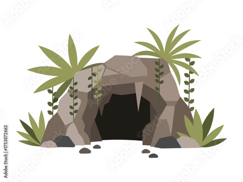 Stylized Cave Entrance with Foliage and Dark Interior Geometric Design.