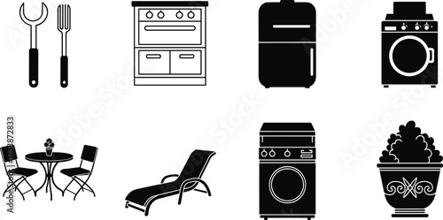Household appliances, kitchen tools, patio furniture, washing machine, refrigerator, stove, lounge chair, potted plant, home essentials, black icons
