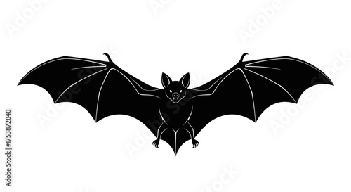 A silhouette of a black bat with wide open wings in flight against a white background.
