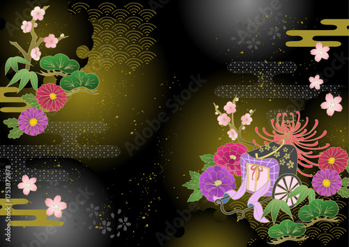 お正月 和風 和柄背景 松竹梅 御所車 牡丹 菊 年賀状 黒  New Year Japanese pattern background Pine, bamboo, plum, peony, chrysanthemum, New Year's card, black
