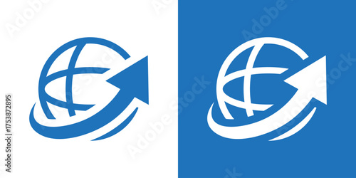 Modern global logo combining a globe and upward arrow symbolizing growth, progress, and success. Minimalist flat vector design perfect for business, finance, and global development branding.