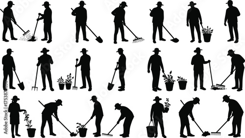 Gardening silhouette vector, people with tools, black illustration, outdoor activity, planting, watering, digging, raking, carrying plants, garden work poses, lifestyle concept