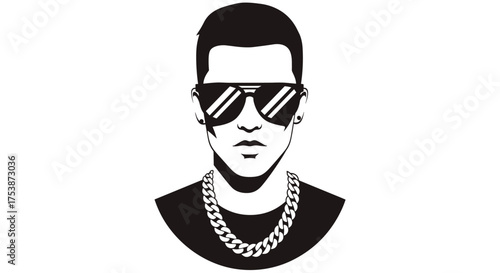 A stylized black and white illustration of a cool man wearing large sunglasses and a chunky chain.