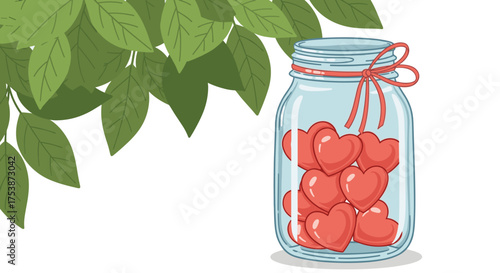 A clear glass jar overflowing with bright red heart shaped candies tied with a red ribbon and green leaves in the background.