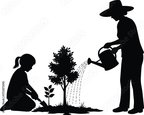  Gardening silhouette, generational care, watering and planting, girl and woman, tree care, environmental stewardship, black vector graphic design, nature activity illustration