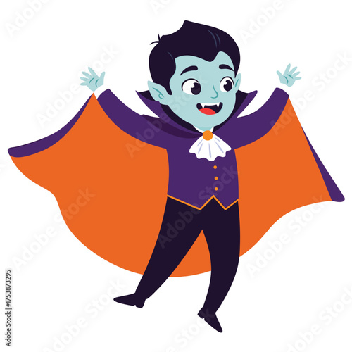 Enthusiastic Young Vampire Character in Cape Posing Happily