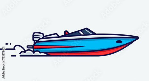 Cartoon Speedboat Illustration with Water Trail on White Background.
