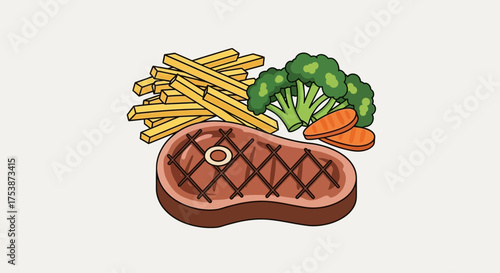 Delicious steak with fries and vegetables, a balanced meal.